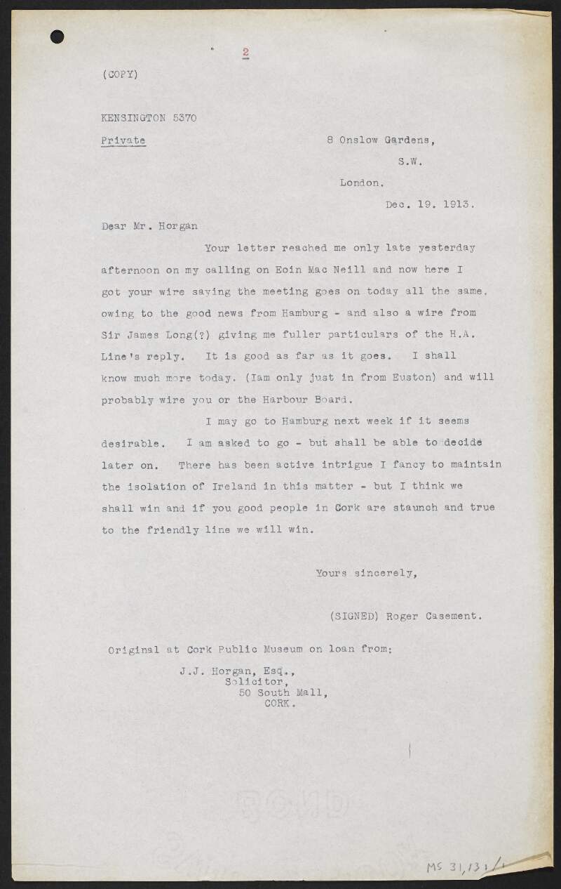 Copy letter from Roger Casement to J. J. Horgan regarding travel to Hamburg,