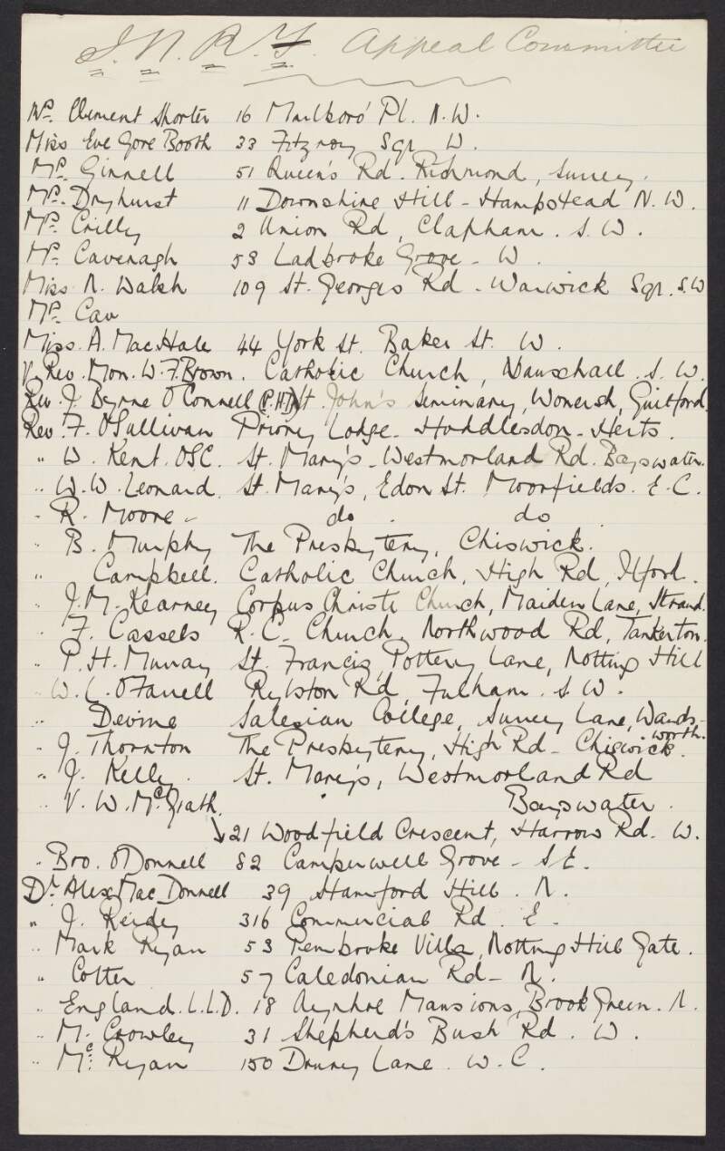 List of members of the appeal committee of the Irish National Relief Fund, London,