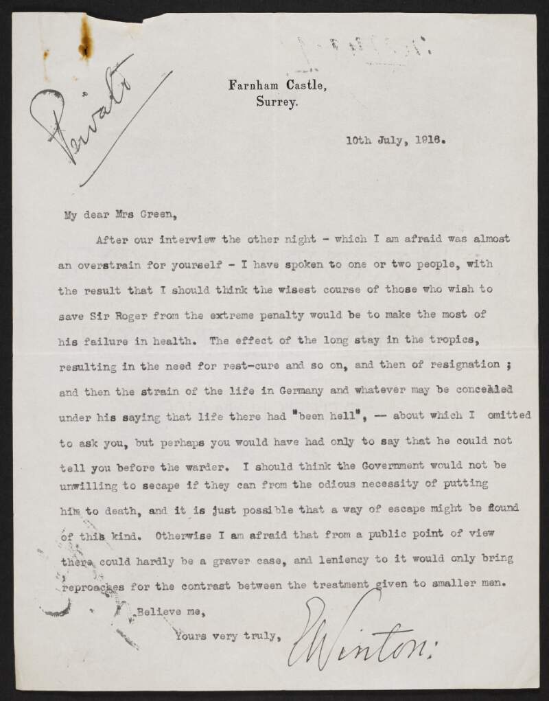Letter from Edward Winton to Alice Stopford Green, advising her to focus on Roger Casement's health in order to save him from execution,