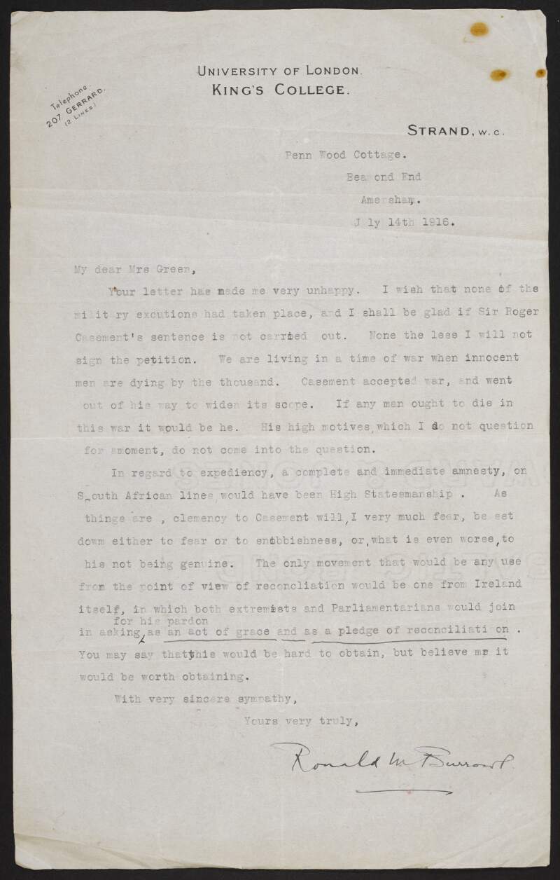 Letter from Roland Montagu Burrows to Alice Stopford Green, refusing to sign the petition for clemency for Roger Casement,