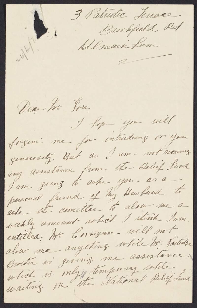 Letter from Mary Partridge to John Gore regarding her lack of assistance from the relief fund,
