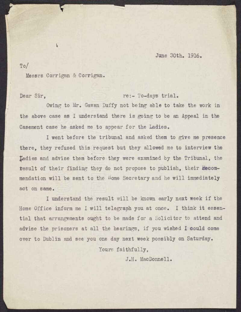 Correspondence, copy letters, from various authors, primarily of a legal nature relating to those imprisoned in consequence of the Easter Rising,