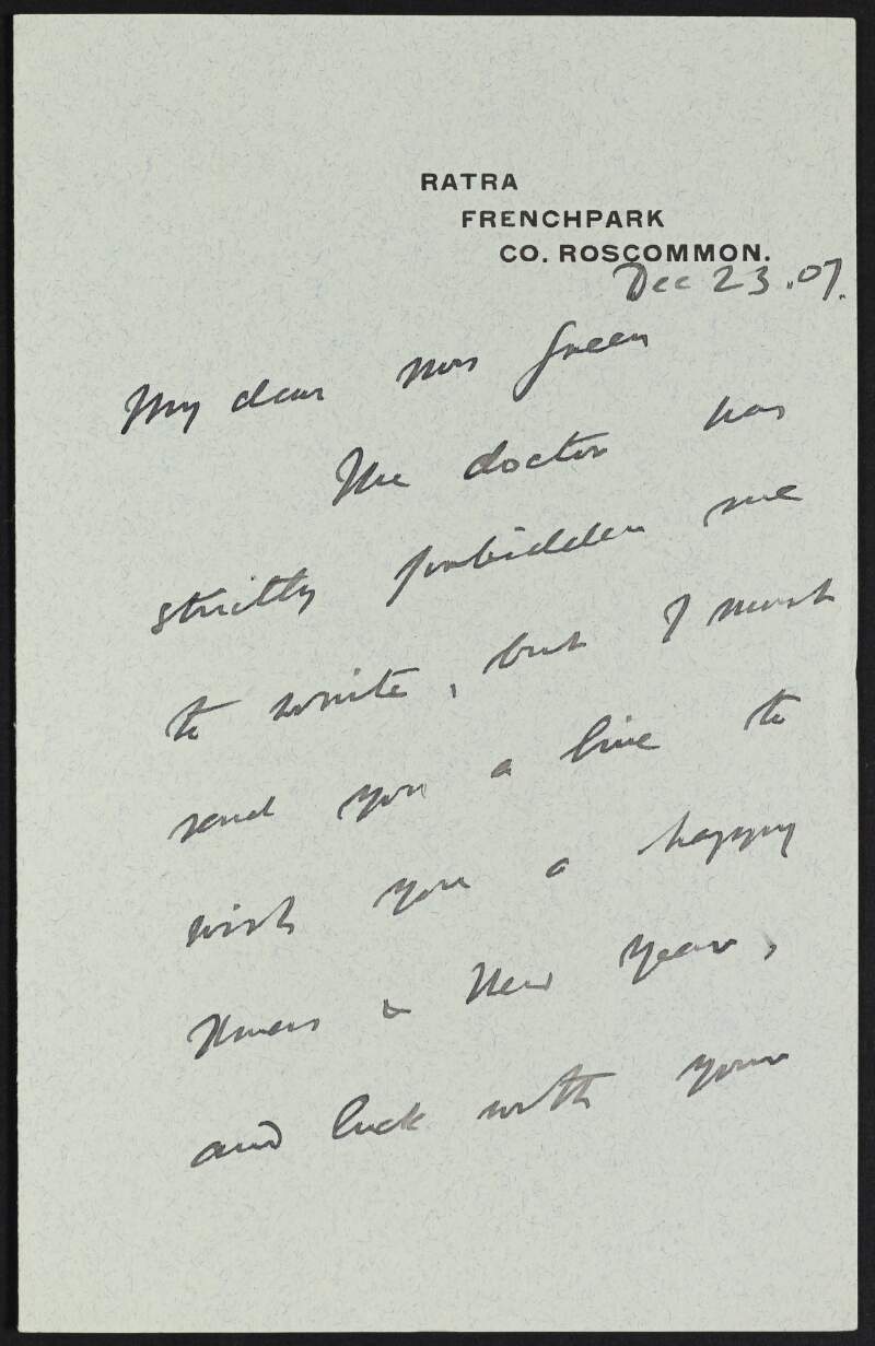 Letter from Douglas Hyde to Alice Stopford Green regarding Christmas and New Years wishes,