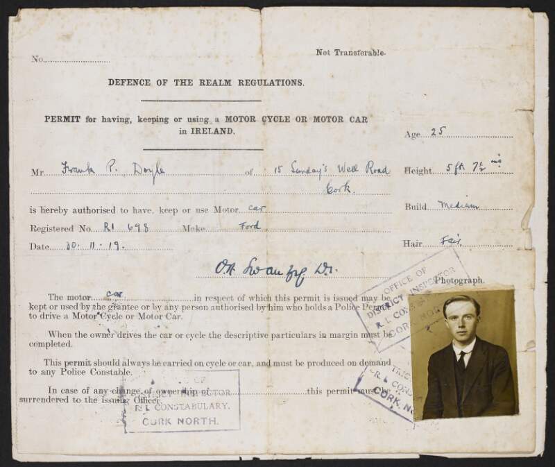 Frank P. Doyle’s permit for a motor car, under Defence of the Realm regulations,
