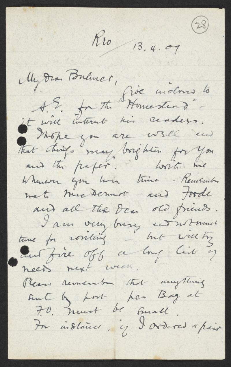 Letter from Roger Casement to Bulmer Hobson, discussing publishing in Ireland and advising him to only send small items through the diplomatic bag,