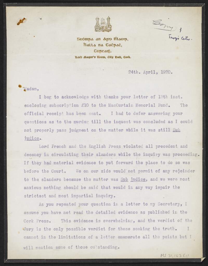 Copy letter from [Terence McSwiney], Lord Mayor of Cork, to Lady Emily Fitzgerald Arnott, Dunardagh, Blackrock, County Dublin regarding the murder of Tomás MacCurtain,