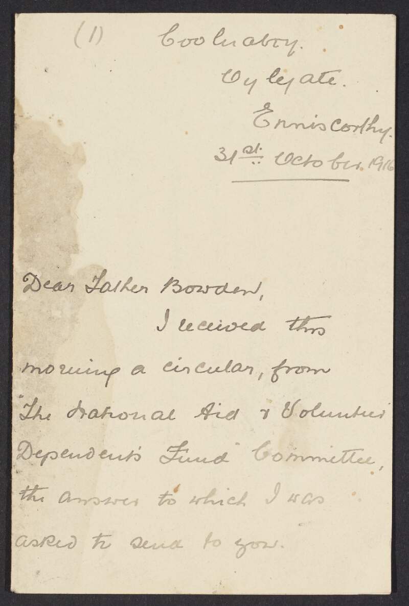 Letter from Úna Brennan to the Rev. Richard Bowden regarding a circular from the INAAVD, who asked she complete circular and return it to Father Bowden,
