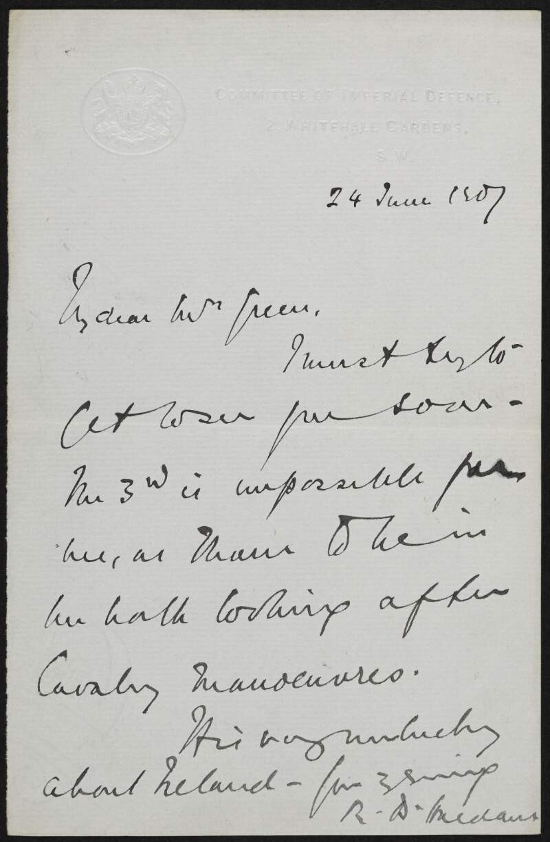 Letter from Richard Burdon Haldane to Alice Stopford Green regarding being unable to visit,