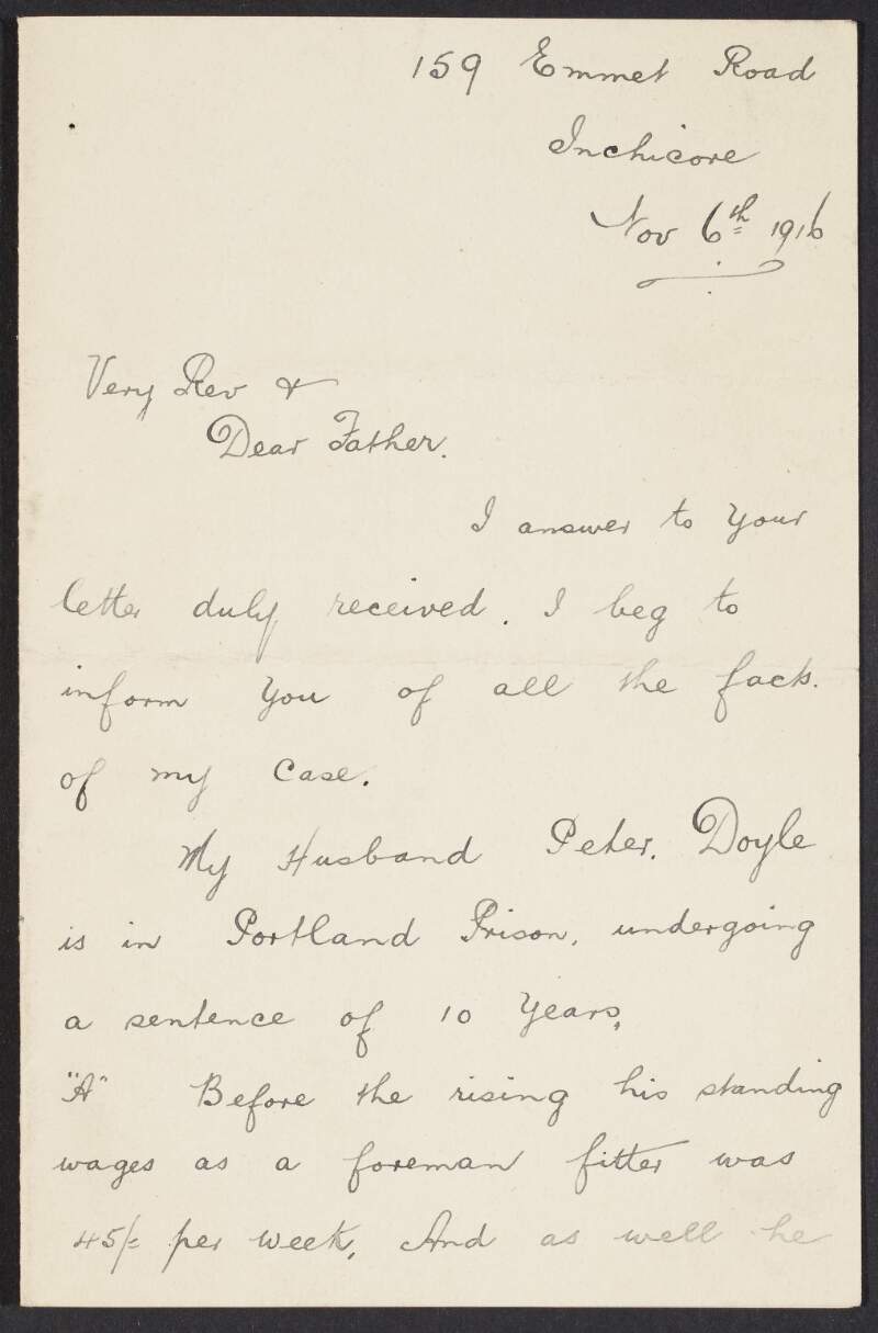 Letter from Cathleen Doyle to Rev. Richard Bowden, INAAVD, informing him of the particulars of her case,