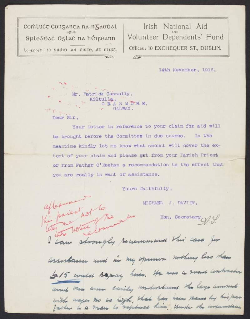 Copy letter from Michael Davitt, INAAVD, to Rev. Patrick Connolly requesting that Connolly get a recommendation from a priest to back up his claim,