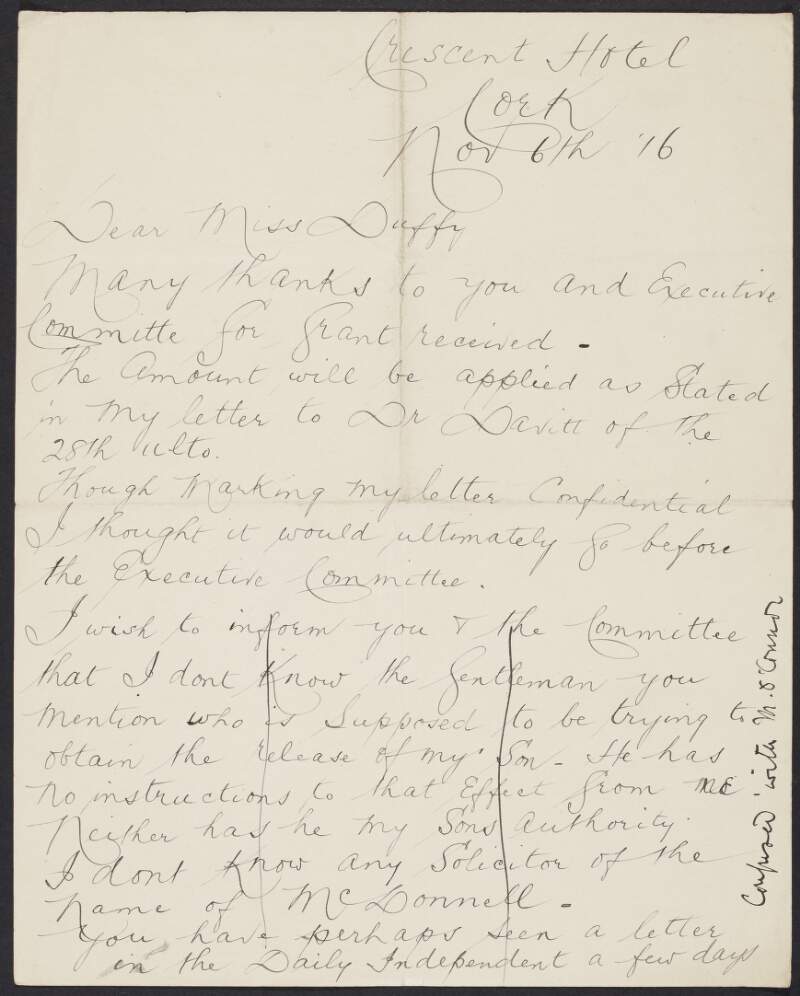 Letter from an unidentified author to Louise Gavan Duffy, INAAVD, expressing gratitude for assistance,