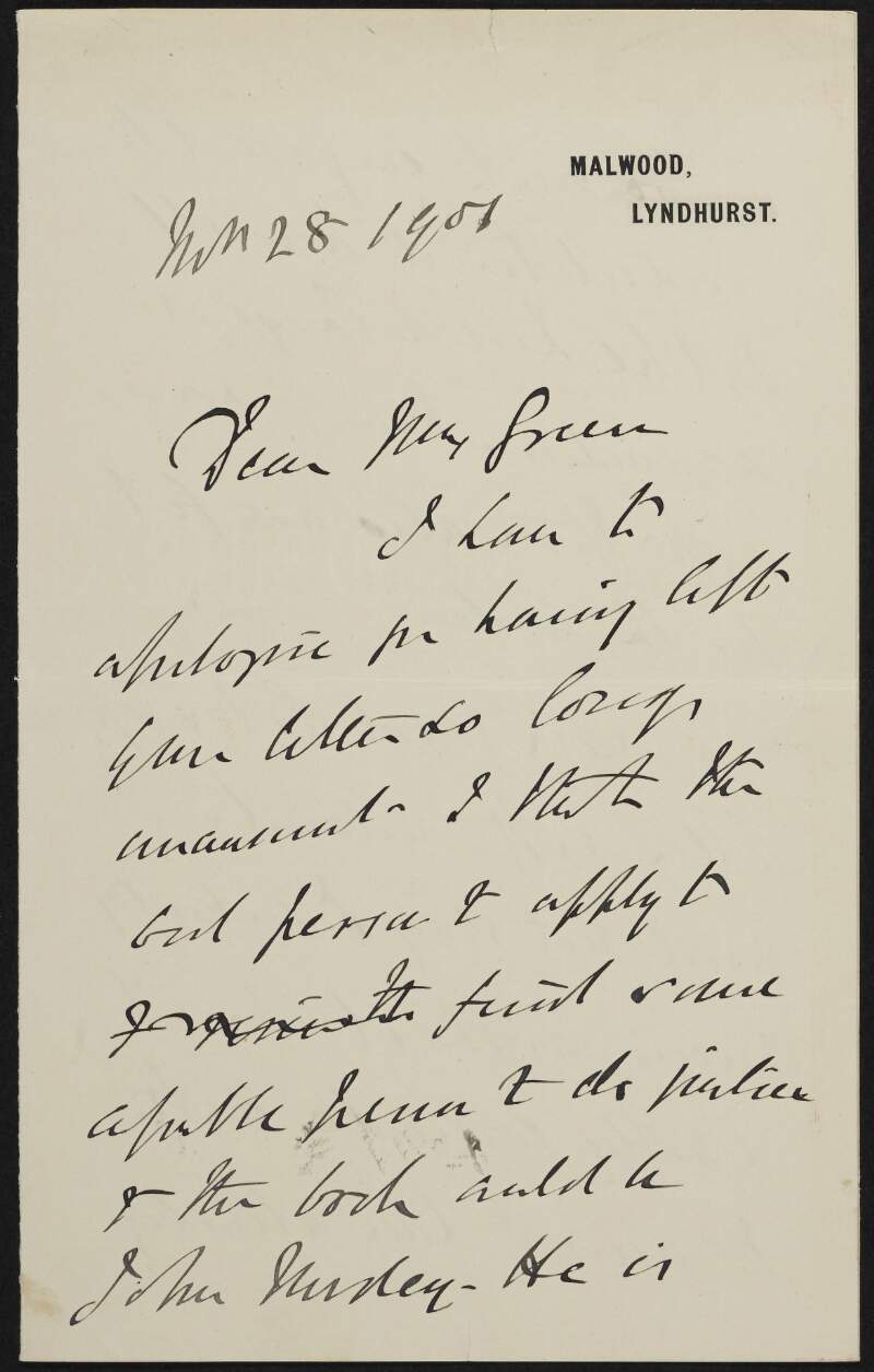 Letter from William Vernon Harcourt to Alice Stopford Green regarding the Boer War,