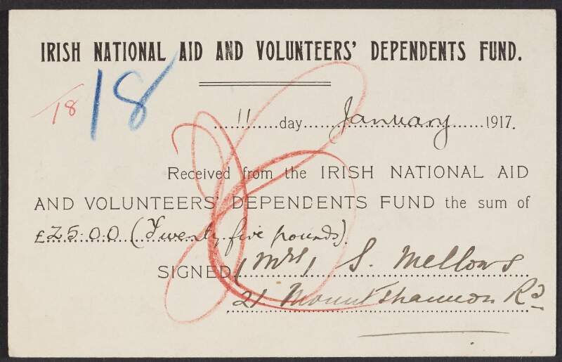 Postcard/Receipt from Sarah Mellows to the INAAVD acknowledging receipt of payment,