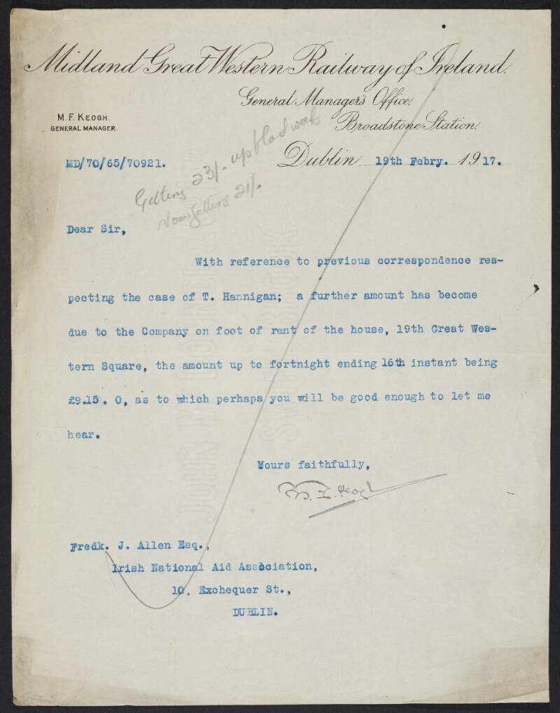 Letter from the Midland Great Western Railway of Ireland to Frederick J. Allan, INAAVD, regarding rent owed,