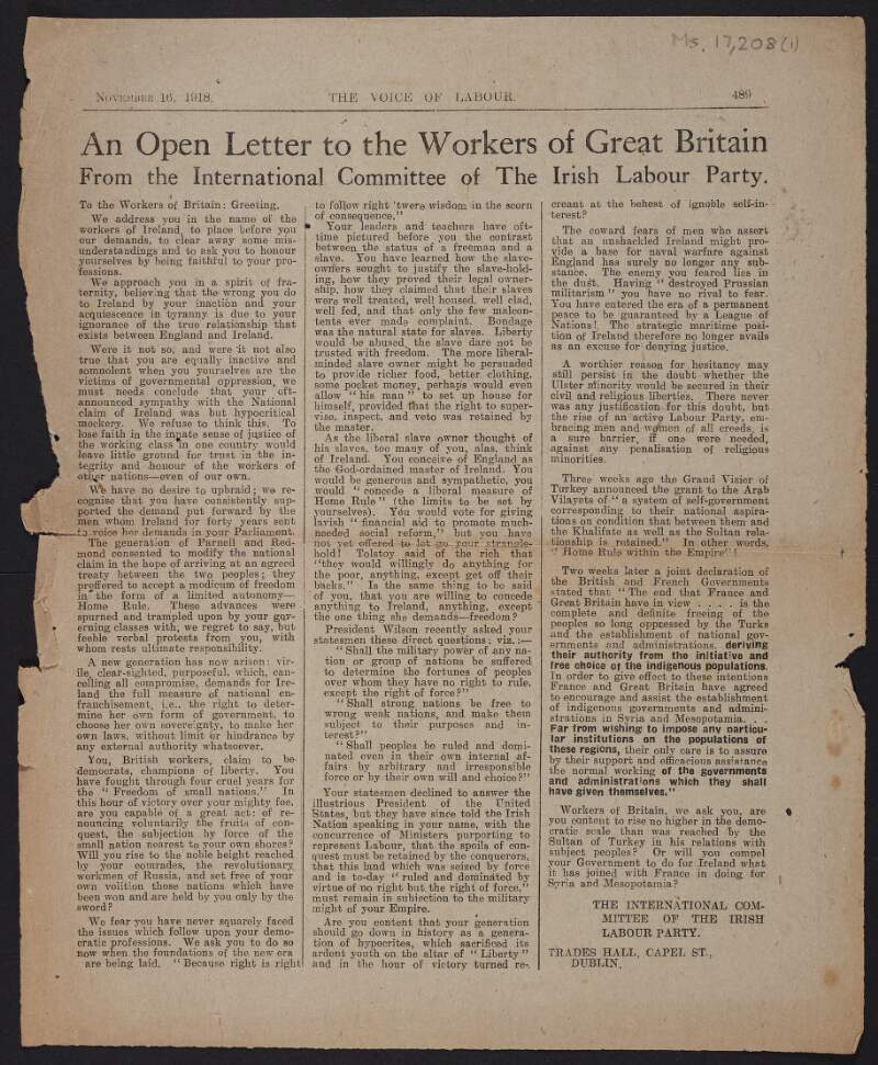 'An Open Letter to the Workers of Great Britain from the International Committee of the Irish Labour Party',