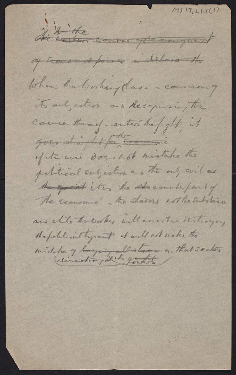 Notes in manuscript by Johnson on the entry of the Labour Party into politics,