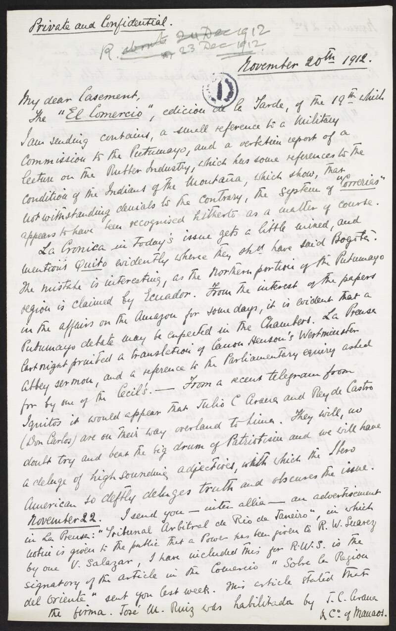 Letter from Lucien J. Jerome to Roger Casement, discussing newspaper articles referring to missions to the Putumayo, the Indians of the Montaña, the rubber industry and Billinghurst's arrangement with Chile,