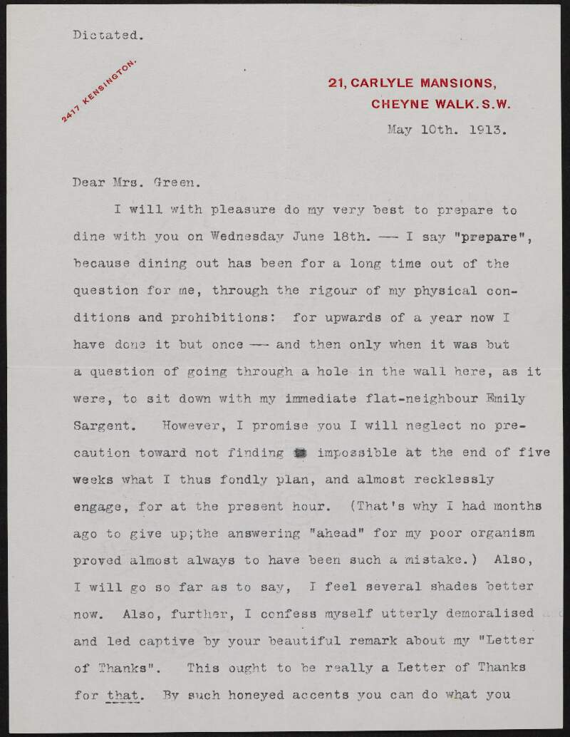 Letter from Henry James to Alice Stopford Green regarding dinner plans,