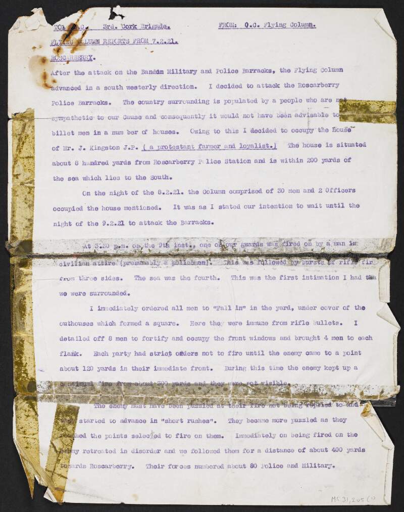 Copy report issued by [Tom Barry] to [Tom Hales] regarding an attack on Roscarberry Barracks, County Cork, on 9 February 1921,