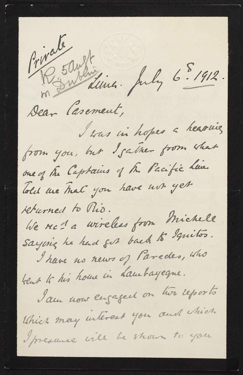 Letter from Lucien J. Jerome to Roger Casement, describing his reports on slaveraiding and the mission on the Napo River region, and discussing slave dealing in the Madre-de-Dios region,