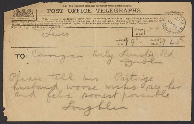 Telegram from Fr. A. J. O'Loughlin to the INAAVD regarding William Partridge,