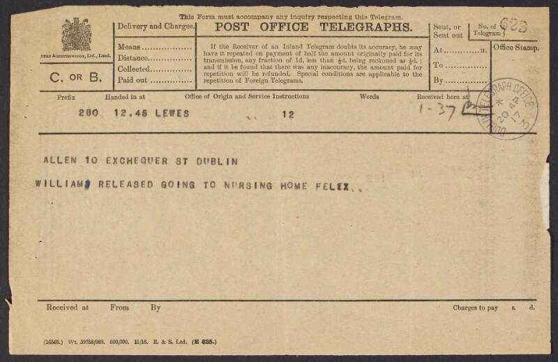 Telegram from Felix Partridge to Frederick J. Allan regarding the release of William Partridge from prison,