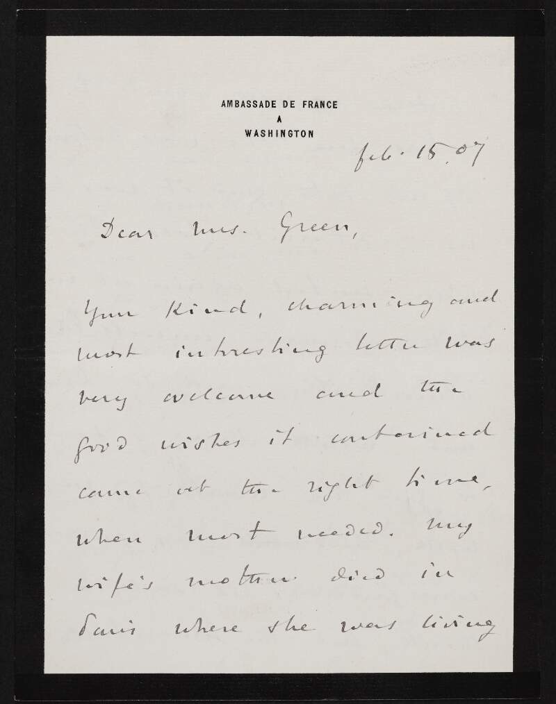 Letter from Jean Jules Jusserand to Alice Stopford Green regarding the death of his mother-in-law,