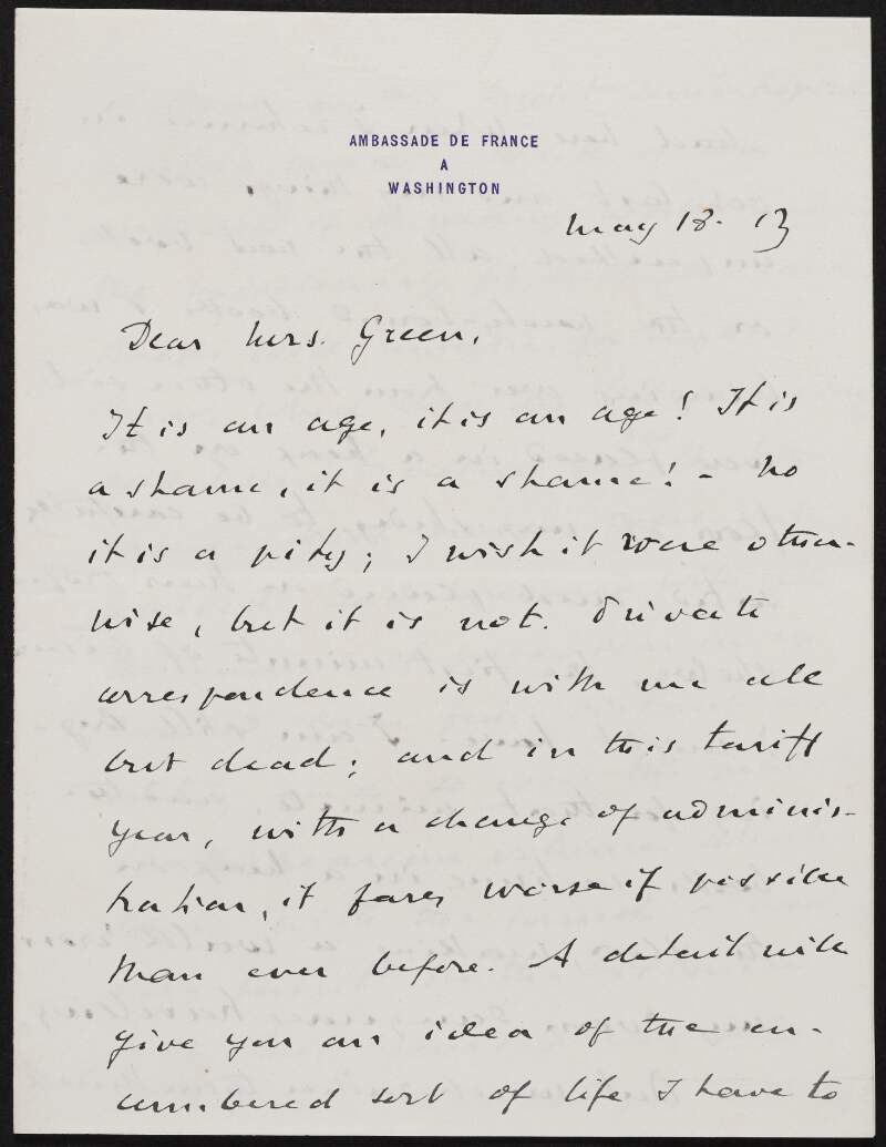 Letter from Jean Jules Jusserand to Alice Stopford Green regarding Viscount James Bryce leaving America,