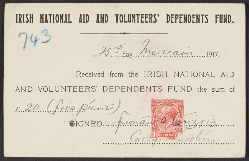 Postcard/receipt from Fionán Lynch to the INAAVD acknowledging receiving assistance,
