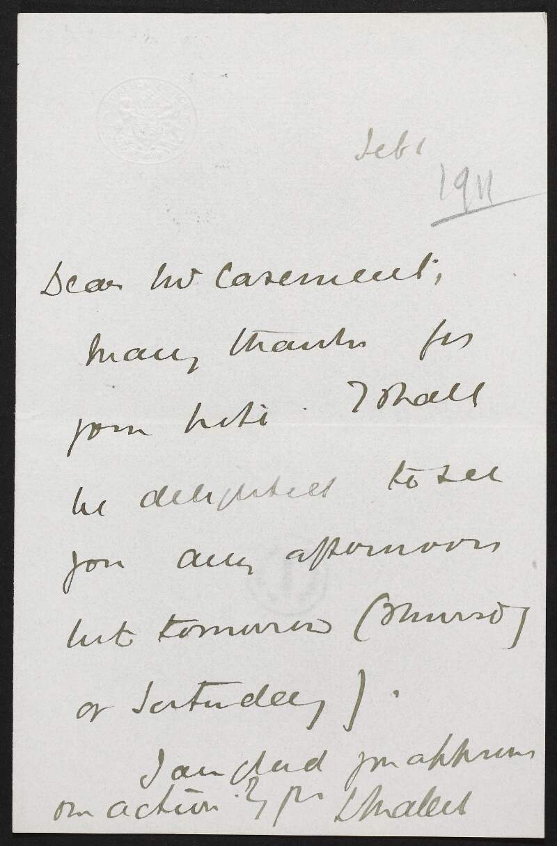 Letter from Louis Mallet to Roger Casement arranging to meet,