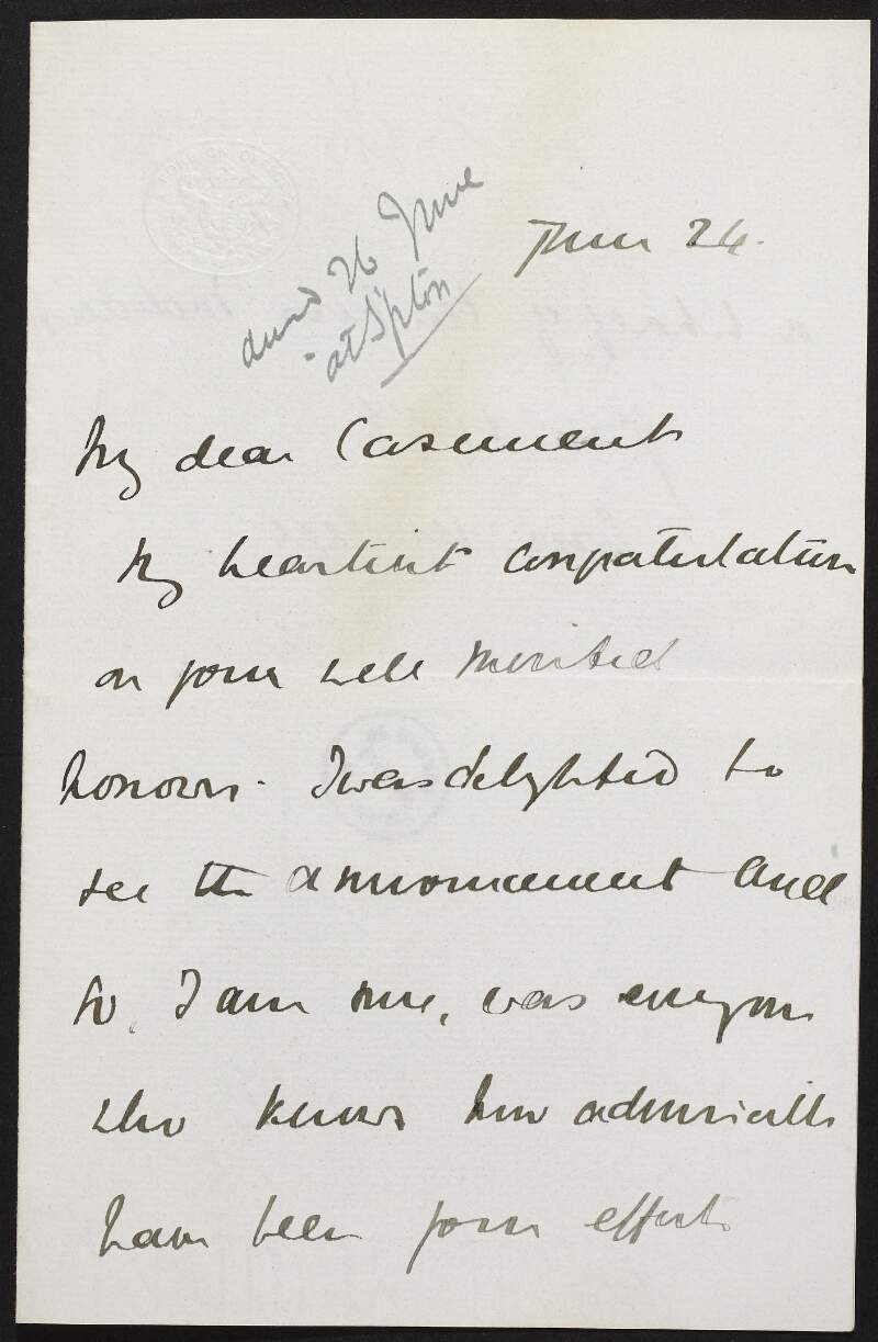 Letter from Louis Mallet to Roger Casement congratulating him on his knighthood,