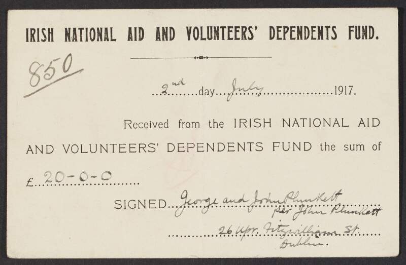 Postcard/ receipt from George Plunkett and John Plunkett to the INAAVD acknowledging receipt of assistance,