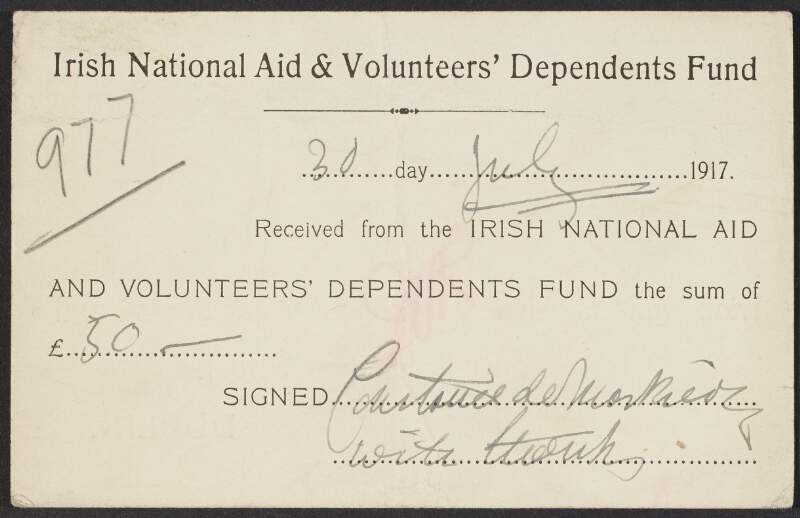 Postcard/receipt from Constance Markievicz to the INAAVD acknowledging assistance received,
