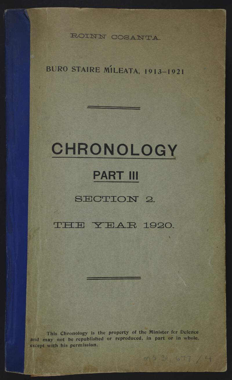 Bureau of Military History Chronology Part III, Section II, 1920,