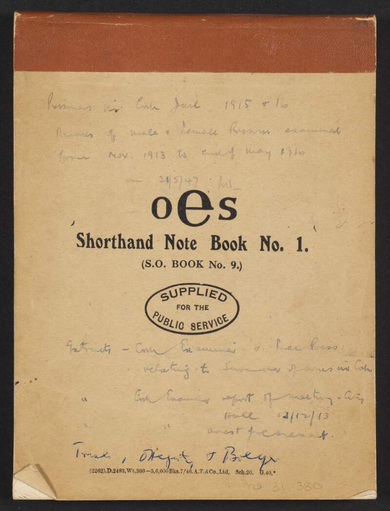 Notebook by Florence O'Donoghue containing notes on prisoners in Cork Jail in 1915 and 1916, Records of male and female Prisons from 1913 to 1916, and extracts from local newspapers regarding the surrender of arms in Cork,