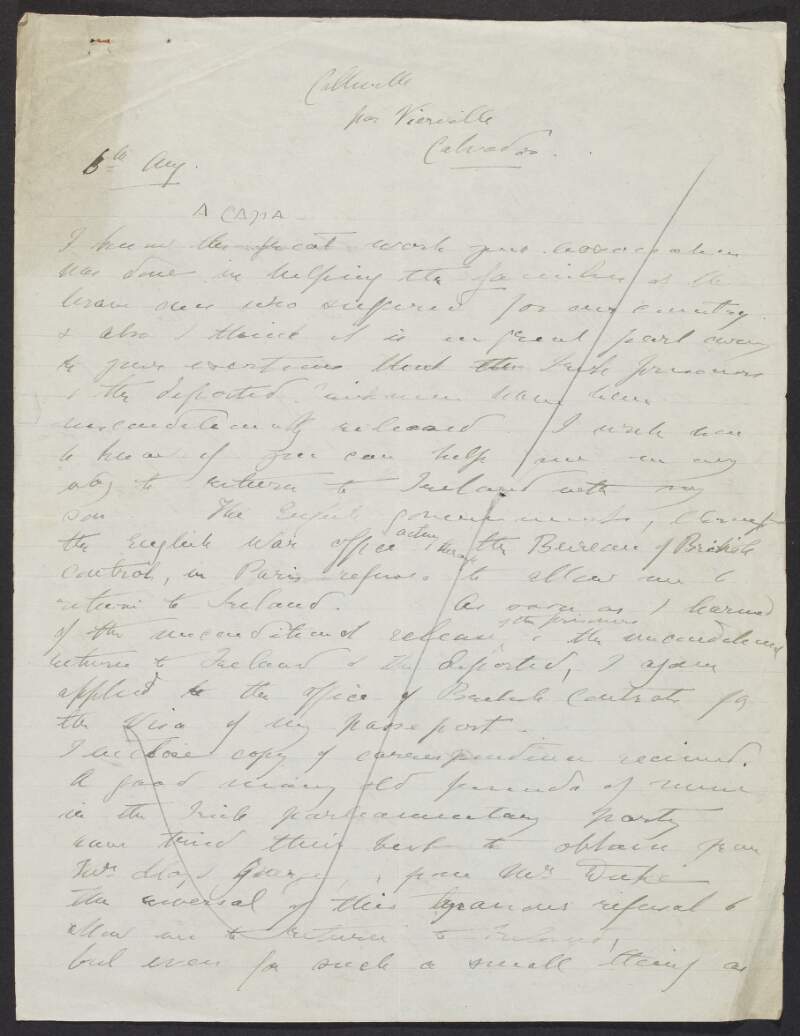 Letter from Maud Gonne to the INAAVD commending them on the work of their organisation, and complaining that she is unable to return to Ireland from France,