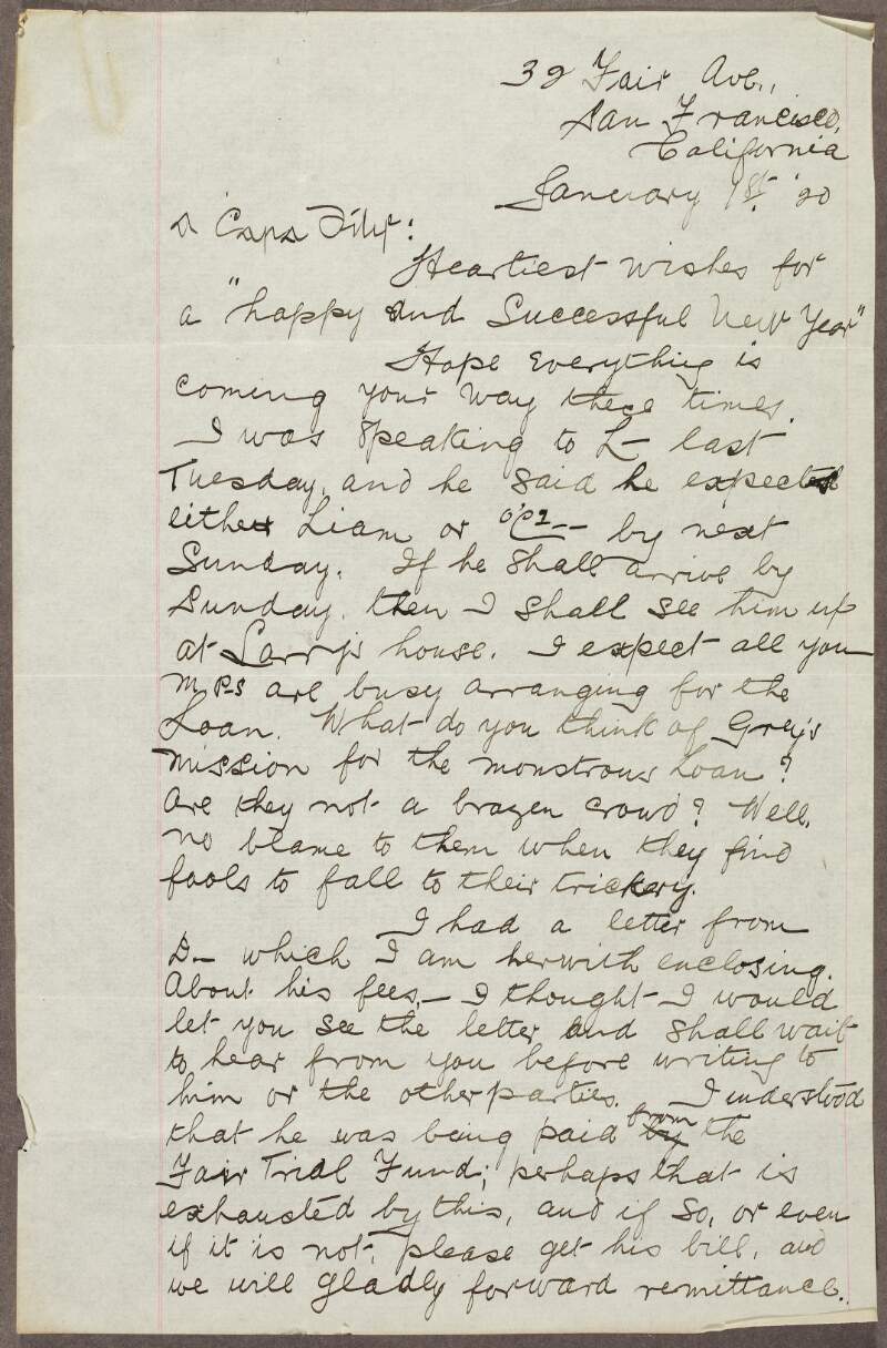 Handwritten letter from Ellen Leahy to Patrick McCartan regarding Larry De Lacy's case, "Gorey's mission for the monstrous loan", and W.H. Pemberton's release from prison,