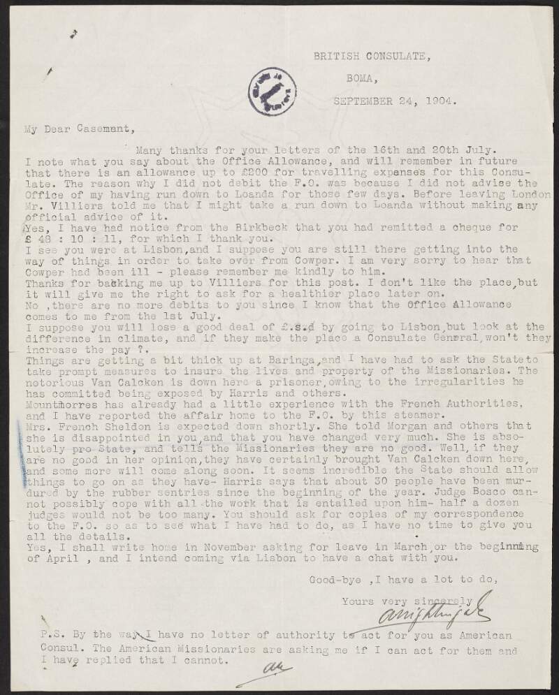 Letter from Arthur Nightingale to Roger Casement discussing an Office Allowance of £200, his post in Boma and Casement's post in Lisbon, missionaries, and the state of affairs concerning the rubber industry in the Congo,