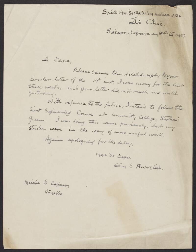 Letter from John Plunkett to Michael Collins, INAAVD, regarding his employment plans,