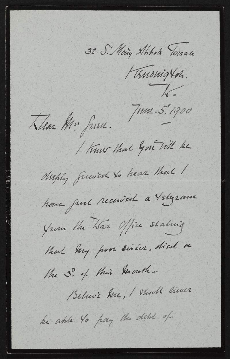 Letter from Charles George Kingsley to Alice Stopford Green regarding the death of Mary Kingsley,