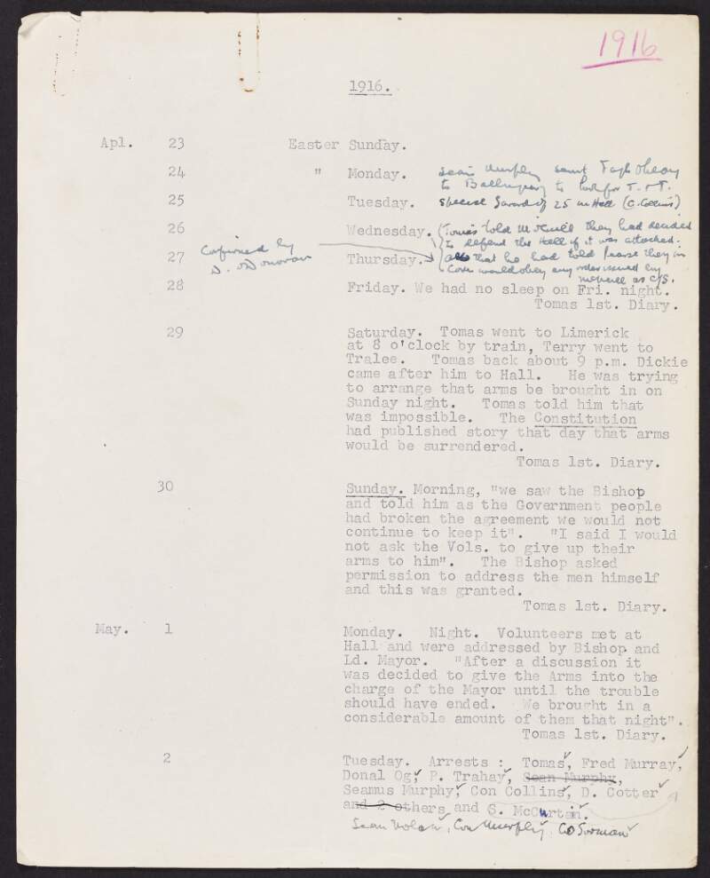 Typescript chronology covering the period from 23rd April 1916 to 31st March 1920, partly compiled from the diary of Tomás MacCurtain,
