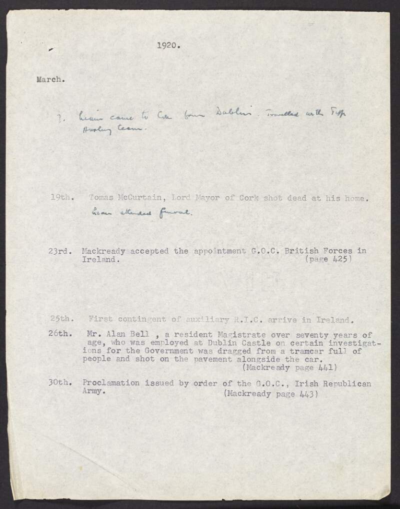 Typescript chronology covering the period from 7 March 1920 to 30th April 1923, with special reference to Liam Lynch,