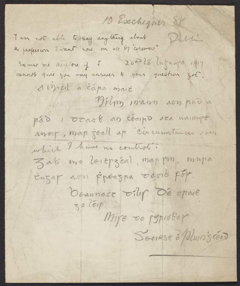 Letter in Irish from George Plunkett to the INAAVD regarding what profession he will follow,