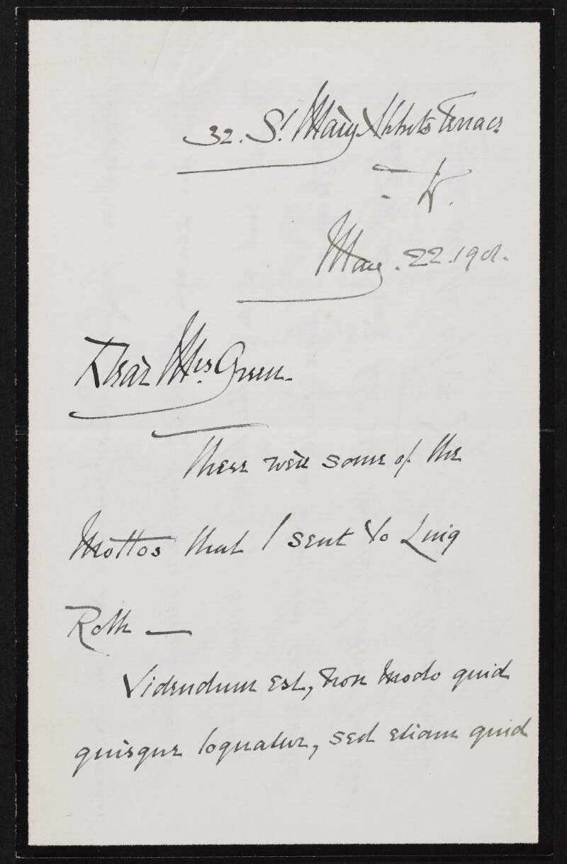 Letter from Charles George Kingsley to Alice Stopford Green regarding Latin mottos,