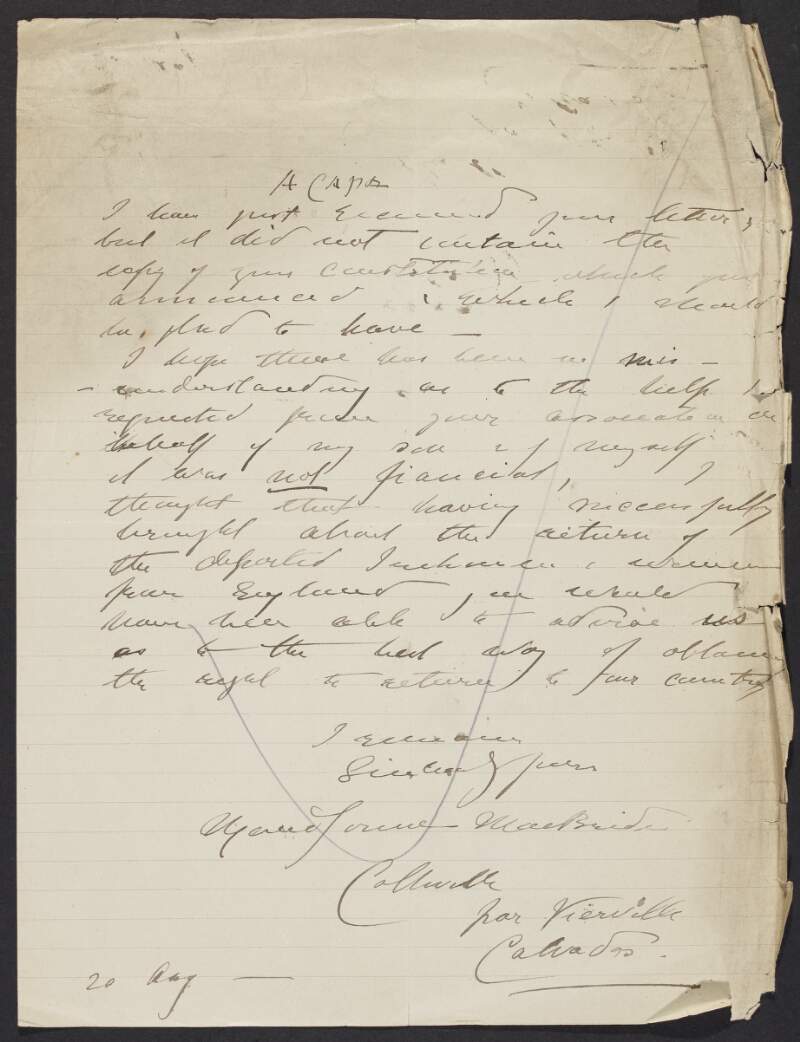 Letter from Maud Gonne to the INAAVD requesting that they send over an undetermined object,