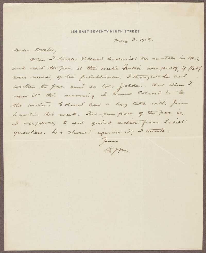 Letter from William J. Maloney to Patrick McCartan, regarding a paragraph written in 'The Nation', to "get quick action from Soviet quarters",