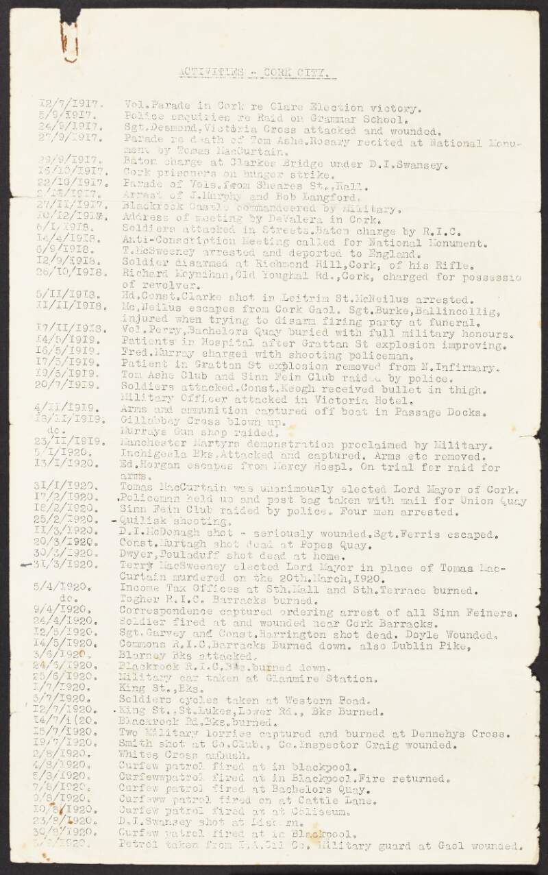 Typescript chronology of activities in Cork City from 12 July 1917 to 14 April 1922 with manuscript notes on the verso by Florence O'Donoghue,
