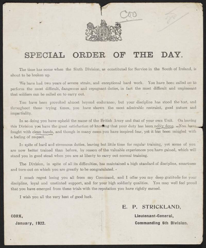 Printed circular titled ‘Special order of the day’ relating to the breaking up of the Sixth Division of the British army as constituted for service in the South of Ireland,