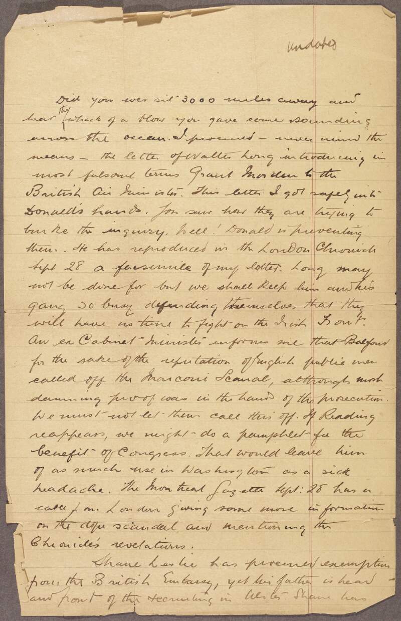 Letter from William J. Maloney to Patrick McCartan, regarding an article by William J. Maloney in the 'News Chronicle', and a visit by Shane Leslie to the Papal delegate,