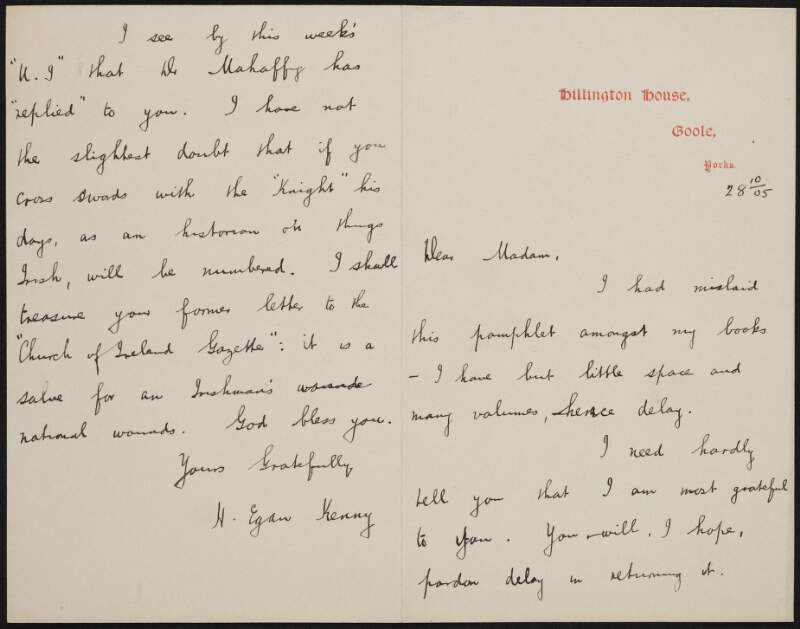 Letter from Henry Egan Kenny to Alice Stopford Green regarding a debate with Dr [John Pentland] Mahaffy,
